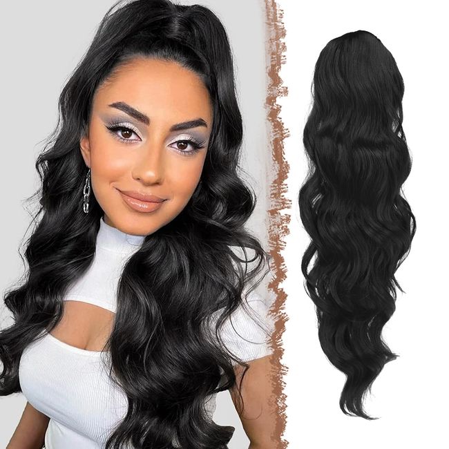 FESHFEN Pferdeschwanz Haarteil Haarverlängerung mit Kordelzug Pferdeschwanz Verlängerung Synthetik Wellig Locken Haarteil Schwarz Ponytail Extension für Frauen 60cm