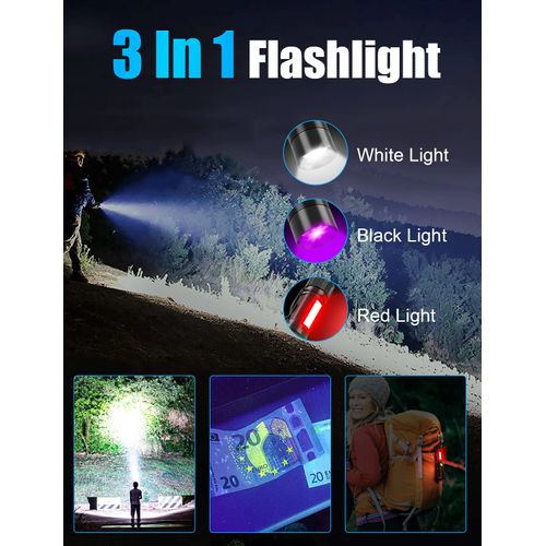 Vnina UV Rechargeable Flashlights Tactical,1000 High Lumens 3 in 1 LED Black Light Flashlight -Magnetic Base/Sidelight/Zoomable, Bright Pocket Flash Light for Stains Detection Camping Emergency,2PCS