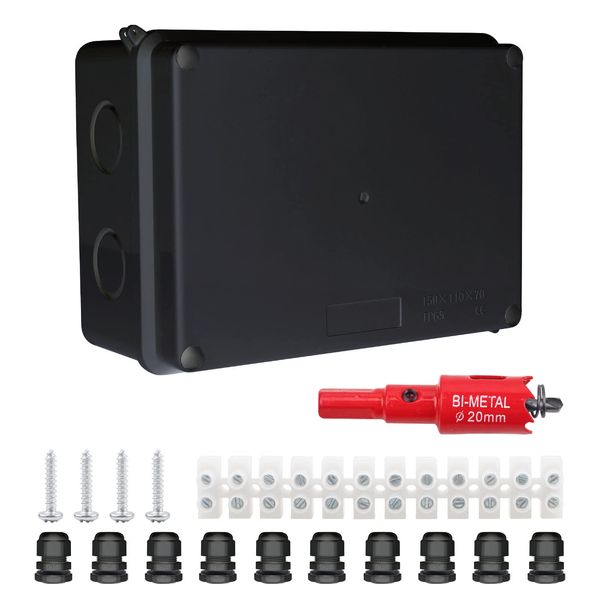 LANUCN 10 Way Junction Box with Terminal Blocks, 150x110x70mm IP65 Waterproof Electrical Connection Box, Outdoor IP Rated Adaptable Enclosure for CCTV (Black)