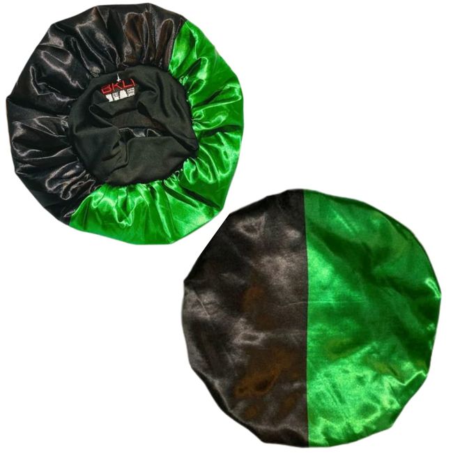 BKLI Satin Hair Bonnet, Split Color, Double Layer Sleeping Cap, No Slip Design, Sport Fit, Indoor/Outdoor Head Cap Green/Black