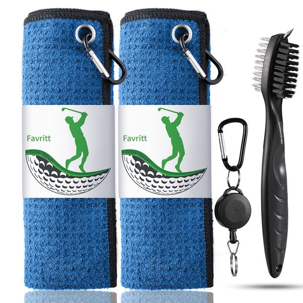 Favritt Golf Towel for Golf Bag with Clip and Accessories Set |2 Golf Towels | Golf Cleaning Brush |Golf Gifts for Men, Women