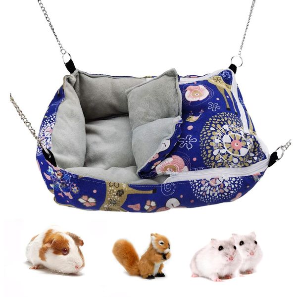 Little Bean Rat Hammocks Hanging Guinea Pig Bed Soft Hamster Bed Warm Chinchilla House Plush Glider Small Animal Beds for Playing Sleeping (Blue, 2 in 1)