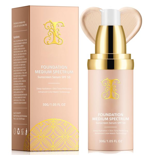 Foundation 4 in 1 - Medium Spectrum with SPF 50+, Hydrating Color Changing Foundation， Longwearing & Waterproof, Light Spectrum for Gym, Sport, Dancing(30ml)