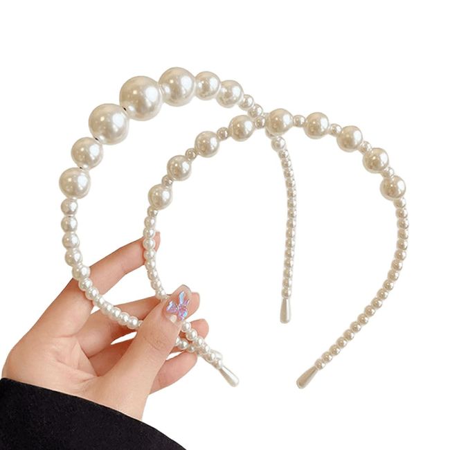 scicent Pearl Hair Accessories Beaded Headbands 2 Pack Hair Hoops Bridal Hairbands Wedding Hair Accessories for Women and Girls - 16025