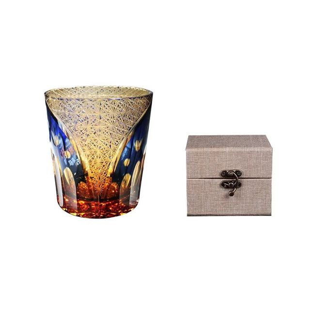 KAMIMORI KAMIMORI Kiriko Glass Present Rock Glass Beer Glass Tumbler Shochu Glass Luxury Crystal Mother's Day Father's Day Birthday Anniversary Gift Amber Beautiful Pattern Glass Craft Home Restaurant Izakaya Wooden Box Included Sake Japanese Sake Cup Boa