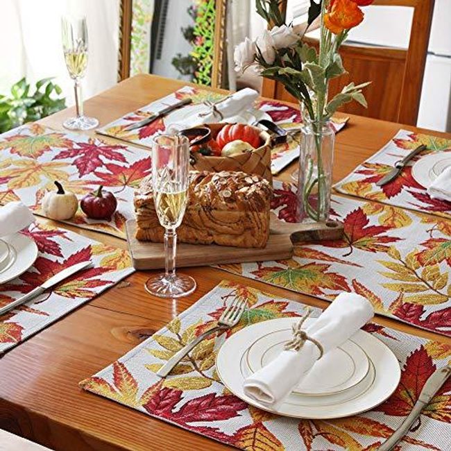 Fall Placemats Set of 4 – Woven Placemats for Dining Table, Harvest Maple Leaf Placemats for Fall, Autumn and Thanksgiving Decorations (12x18 inch)