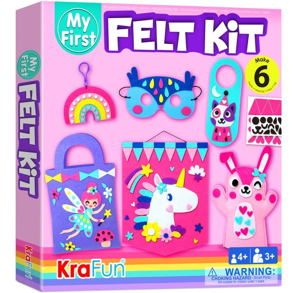 KRAFUN My First Felt Kit Unicorn Mein erstes Filz Einhorn, Mädchen-Bastelset für Kinder und Kleinkinder, Jungen und Mädchen im Alter von 3–8 Jahren, enthält 6 handgefertigte DIY Kunst Bastelprojekte