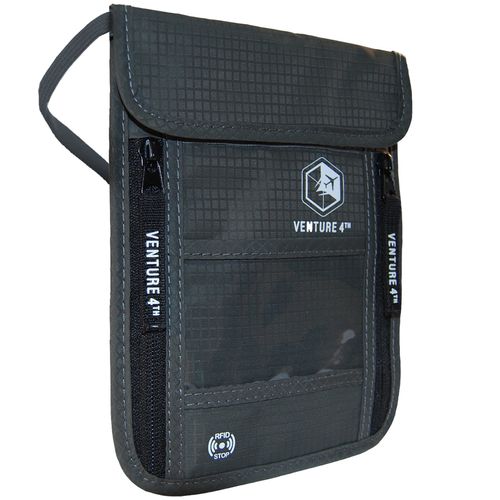VENTURE 4TH Passport Holder Neck Wallet with RFID Blocking Nylon Lining - Hidden Neck Pouch for Travel (Grey)
