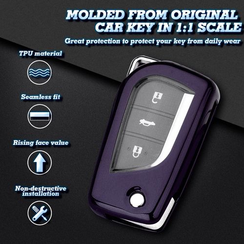 Xotic Tech Purple Black TPU Key Fob Shell Full Cover Case w/Keychain, Compatible with Toyota Auris Corolla Avensis Verso Yaris Aygo Scion tC 10 Series iM Smart Keyless Entry Key