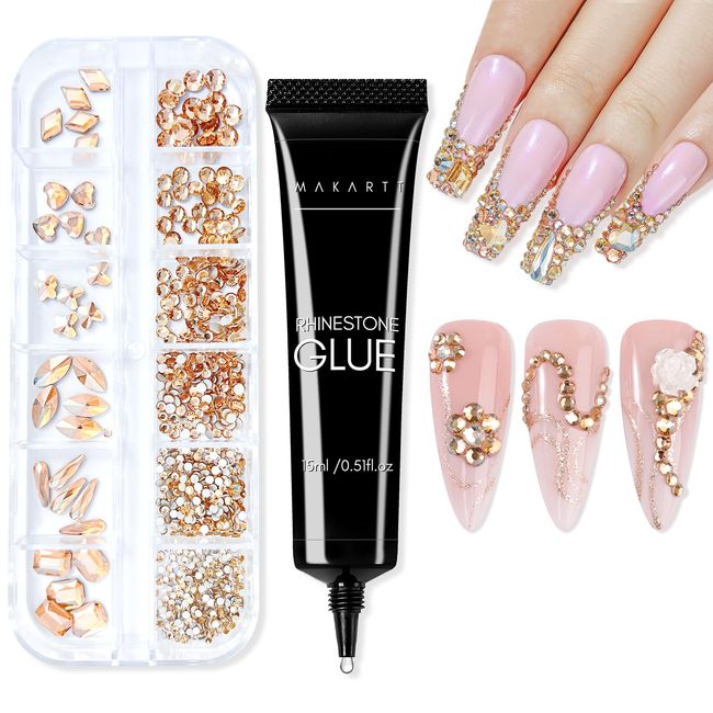 Makartt Nail Rhinestone Glue Gel Kit, 15g Super Adhesive Nail Gel with Nail Crystal Rhinestone, Nail Glue Gel Kit for Rhinestones Crystal Stones Jewels