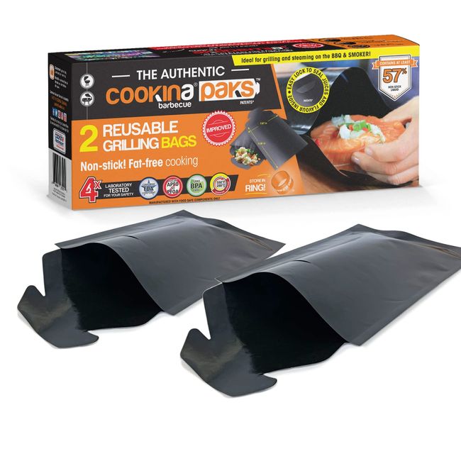 COOKINA PAKS BBQ Grilling Bag (Pack of 2) -100% Non-Stick Pouch Steam Cook in Minutes, Easy to Clean and Safe for Smokers, as Well as Gas, Charcoal and Electric Barbecues, Flat, Black