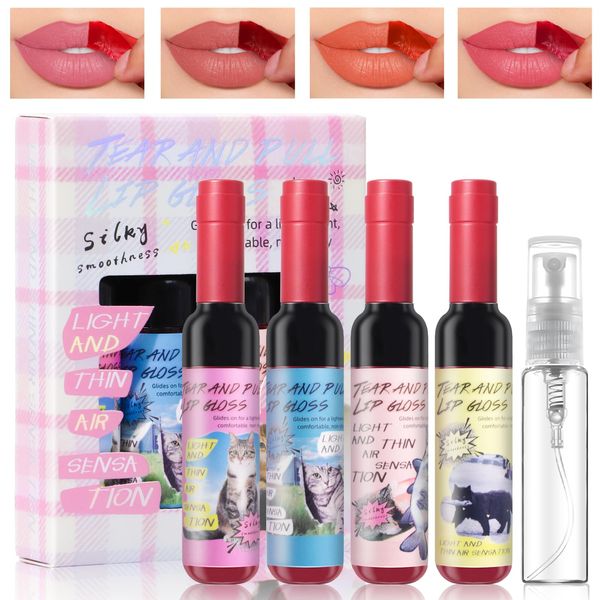 HOSAILY 4Pcs Wine Bottle Lip Stain Peel Off, Tattoo Color Lip Liner Stain peel, High Pigment Transfer Proof Magic Lip Tint, Matte Natural Dewy Finish Waterproof Long Lasting Lipstick Makeup Gift Set