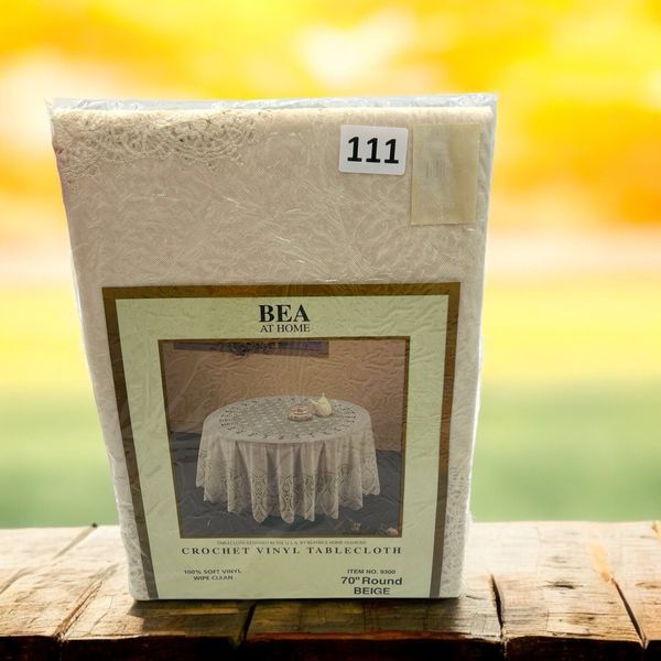 NOS Bea At Home Beige Crochet Lace Vinyl Tablecloth 70” Round