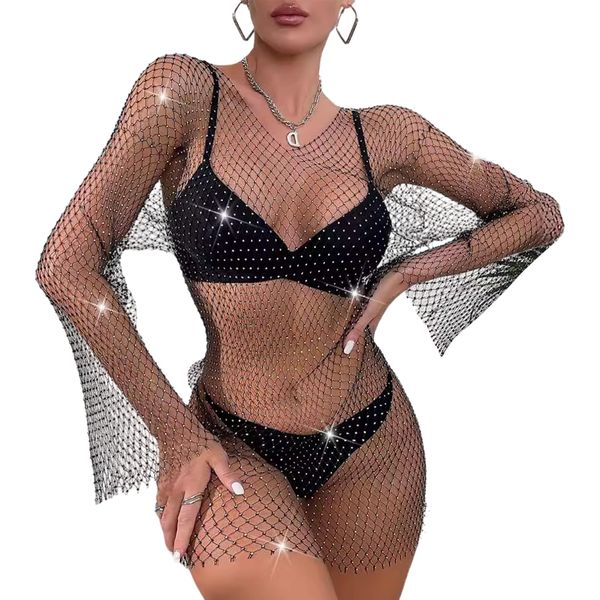 UICCVOKK Glitzer Kleid Netz Mesh Oberteil Glitzer Kleid Damen Langarm Damen Netz Kleid, Bikini Cover Up Streetwear Frauen Bälle Nachtclub Konzerte Festival Outfit Damen, V-Ausschnit
