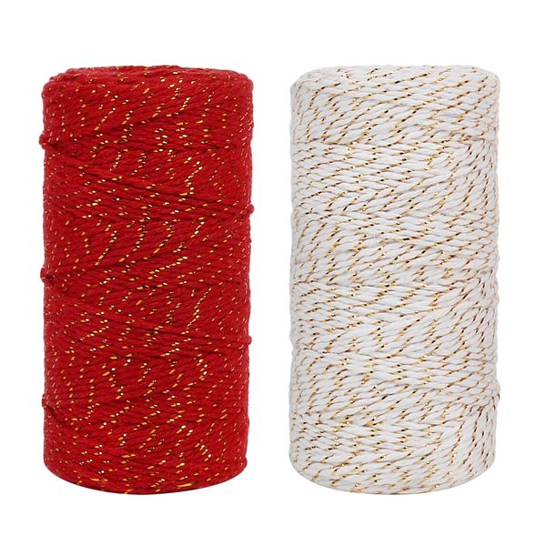 Tenn Well Cotton Bakers Twine, 2 Roll x 328 Feet 2mm Gold Wire Combined Cotton Twine Cording for Christmas Holidays DIY Arts Threading Decorations Baking Butchers