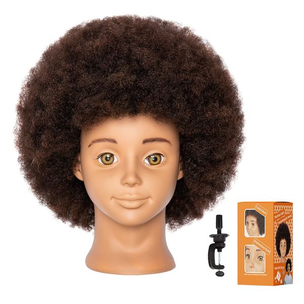 10'' Afro Real 100% Human Hair Cosmetology Doll Head Mannequin Head For Kids, Teens Hairdresser With Clamp Stand (10 inches)