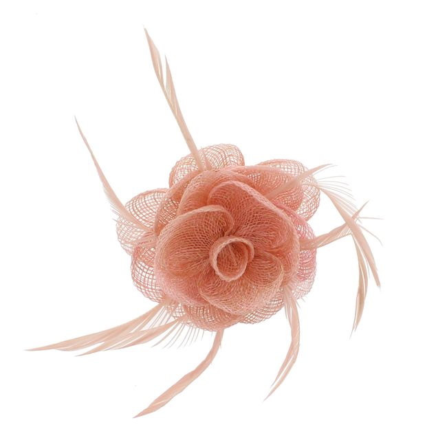 Zac's Alter Ego Nude Pink Rose Net Fascinator with Feathers on Clip & Brooch Pin