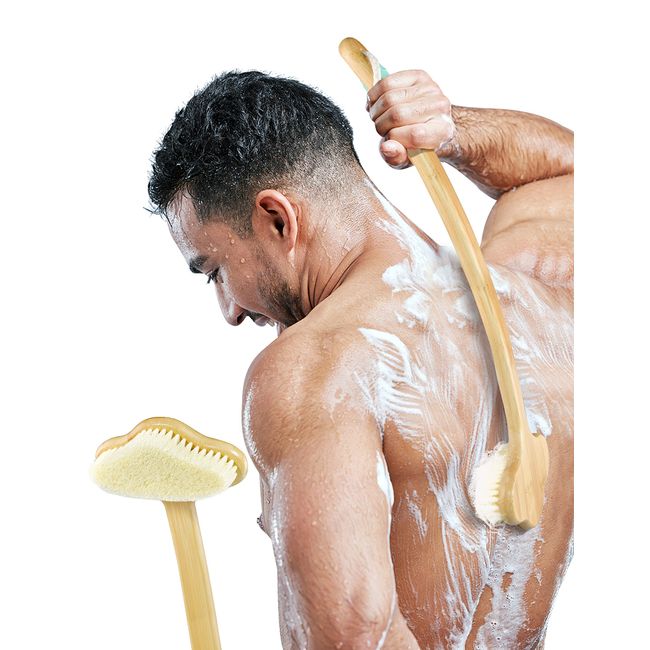 Shower Brush,NURENDER Longer Handle(16.5inch) Bath Shower Brush,Back Scrubber for Shower,Natural Bamboo Shower Brush for Elder,Pregnant,Over-Weight.