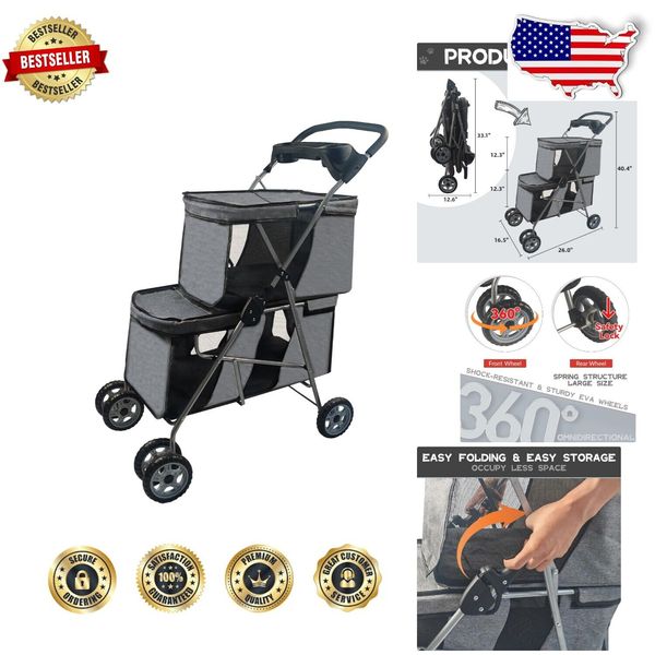 Waterproof Double Pet Stroller with Breathable Fabric for Small Medium Pets