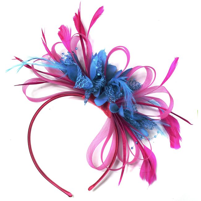 Caprilite Fashion Fuchsia Hot Pink and Aqua Net Hoop Feather Hair Fascinator Headband Wedding Royal Ascot Races