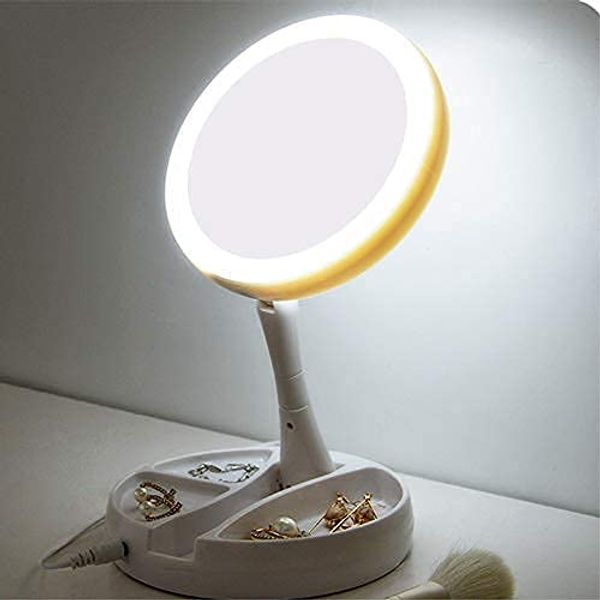 LED Vanity Mirror, Tabletop, 360° Rotation, Angle Adjustable, Double-sided Shape, Round Shape, 10x Magnifying Mirror, Equal Magnifier, Mirror, Stand, Makeup Mirror, Actress Mirror, Tabletop Mirror,