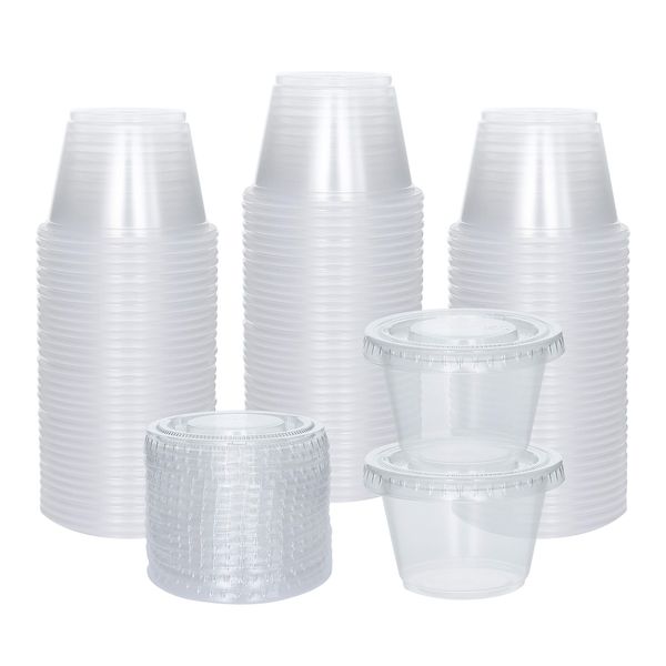 [100 Sets] 2.5 oz Small Plastic Containers with Lids, Jello Shot Cups with Lids, Disposable Portion Cups, Condiment Containers with Lids, Souffle Cups for Sauce and Dressing