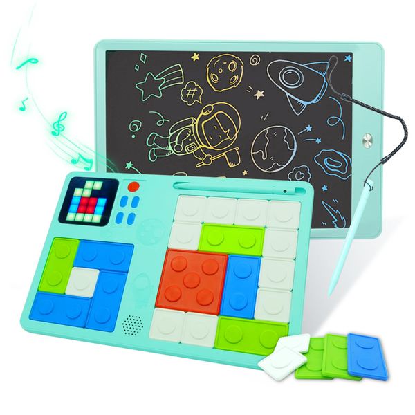 Tablet Slide Puzzle Game & Kids Drawing Writing Tablet, Toddler Writing Tablet LCD Drawing Tablet for Kids Drawing Game Toys for 4-8 Year Old Boys Girl 500+ Challenges Drawing Pad Travel Game (Blue)