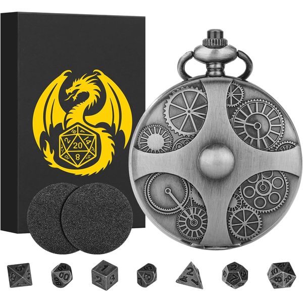 Mini DND Dice Set with Steampunk Gear Pocket Watch Shell Case, 7pcs Polyhedral Metal D&D Dice Set, DND Gifts with Gift Box, Role Playing Board Games Accessories, Dark Silver