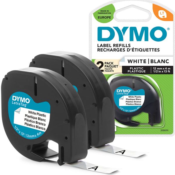 DYMO LetraTag Plastic Labels Authentic 12 mm x 4 m Roll Black Print On White Labels Self-Adhesive Multipurpose Labels For LetraTag Label Makers 2 Count