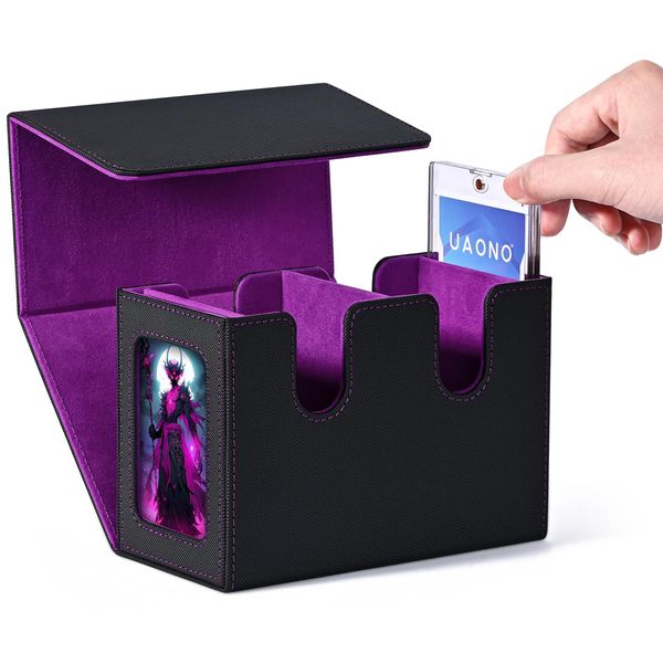 UAONO Deck Box with Dual Commander Displays, Card Storage Box Holds 280+ Single- Sleeved Cards, Trading Card Box Suitable for CCG, MTG, EDH（Black&Purple）