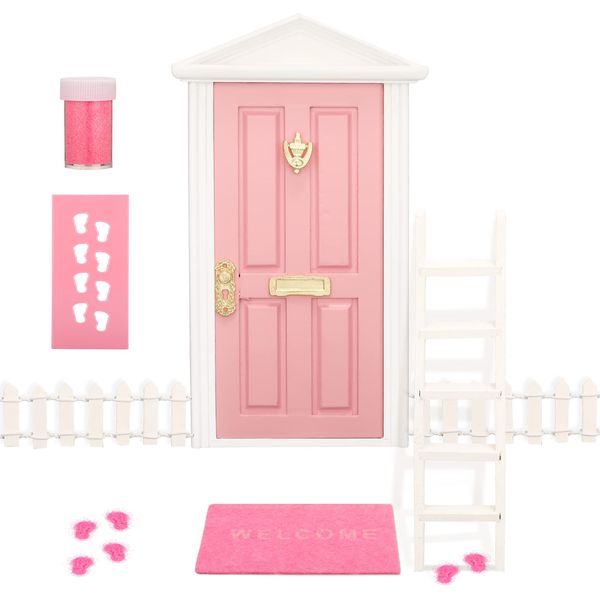 Tooth Fairy Door Kit Mini Wooden Tooth Fairy Door with Accessories Fairy Tale Education Learning Toy for Girls Dollhouse Mini Garden Decoration DIY Craft Activities (Pink)