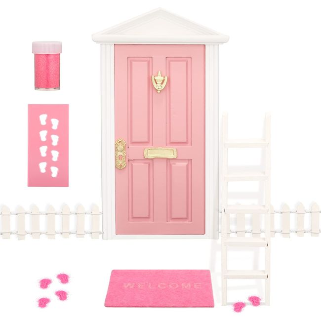 Tooth Fairy Door Kit Mini Wooden Tooth Fairy Door with Accessories Fairy Tale Education Learning Toy for Girls Dollhouse Mini Garden Decoration DIY Craft Activities (Pink)