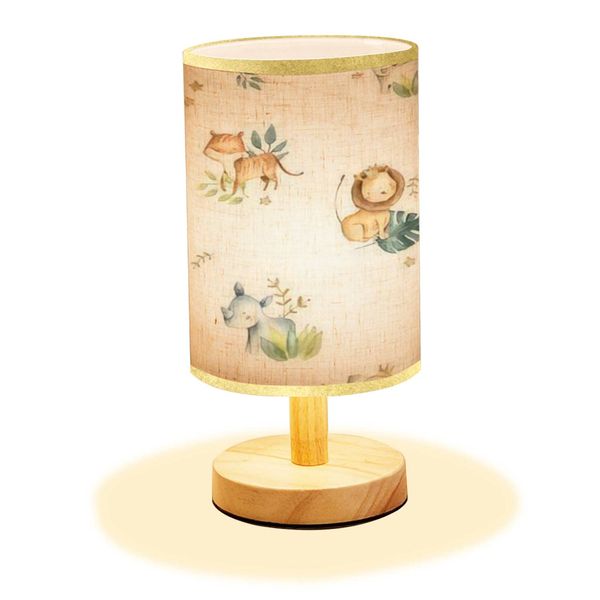 LOPYEIJFG Minimalist Bedside Table Lamp Safari Animals Watercolor Cute Baby Nursery Seamless Wood Nightstand Lamp Bedside Desk Lamp Wood Base Flaxen Fabric Shade for Bedroom Living Room, 5.5x11inch