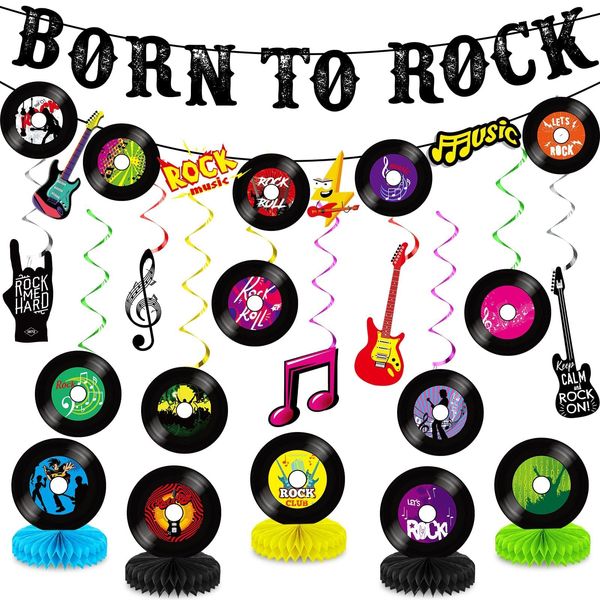 27pcs Rock Themed Party Decorations Set Born to Rock Music Banner Hanging Swirls and Honeycomb Centerpieces Music Theme Party Decor for Happy Birthday Kids Baby Shower Record Party Supplies Favor