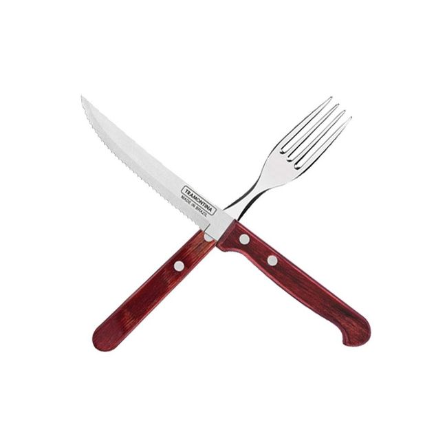 Tramontina Polywood Heavy Duty Natural Wood Handle Steak Knife, 8.7 inches (22 cm) & Table Fork, 8.3 inches (21 cm), Plus Long, Set of 2, Dishwasher Safe 3 Heat Treated Knives, Red Dishwasher Safe,