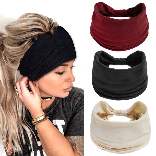 Fashband Frauen Stirnbänder 3 PCs Boho Criss Cross Head Wrap Haarband Elastisches Turban Haarband Yoga Laufsport Workout Headwraps für Mädchen. (Einfarbig)