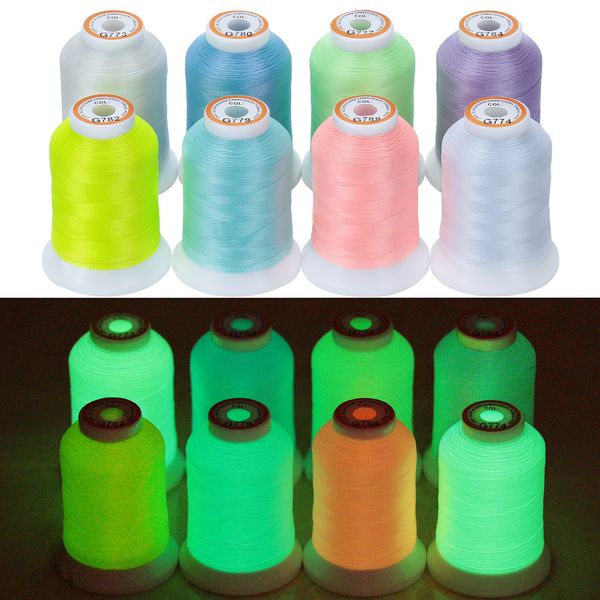 New brothread 8 Colours Luminary Glow in The Dark Machine Embroidery Thread Kit 30WT 500M(550Y) Each Spool for Embroidery, Quilting, Sewing