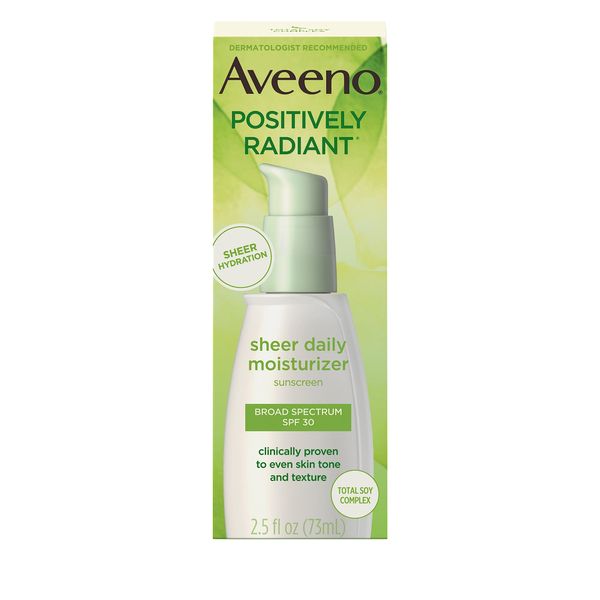 Aveeno Positively Radiant Sheer Daily Moisturizing Lotion for Dry Skin with Total Soy Complex and SPF 30 Sunscreen, Oil-Free and Non-Comedogenic, 2.5 fl. oz