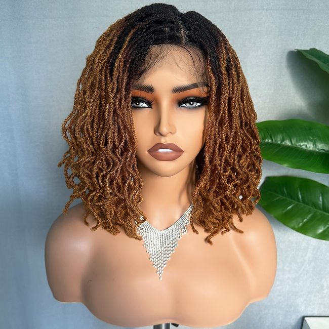 SOKU Curly Dreadlock Wig 4x4 Lace Frontal Ombre Brown 16 Inch Twist Faux Locs Wigs for Balck Women Afro Curly Braided Synthetic Wig