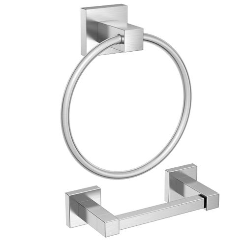 FORIOUS Toilet Paper Holder Wall Mount and Hand Towel Ring Set, SUS 304 Stainless Steel Double Post Pivoting Tissue Roll Holder, Modern Bathroom Hardware Accessories Set, Brushed Nickel