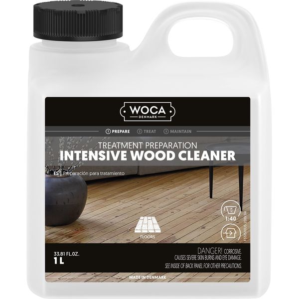 WOCA Intensive Wood Cleaner |1 L| is a concentrated formula for the preparing and treatment of raw wood to accept wood stains, soap finishes, oil finish, hardwax oil finish, UV oiled finish