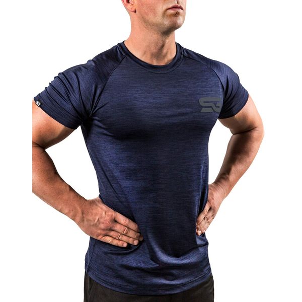 Satire Gym® - Fitness Slim Fit T-Shirt Herren - Funktionelles & schnell trocknendes Sportshirt Herren Kurzarm – Herren Fitness Shirt als Bodybuilding Shirt & Workout Gym Shirt (L, Navy Blue meliert)