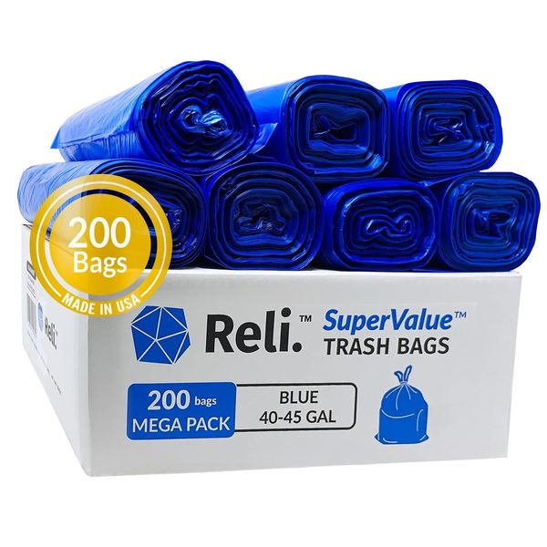 Reli. SuperValue 40-45 Gallon Recycling Bags | 200 Count | Blue Trash Bags