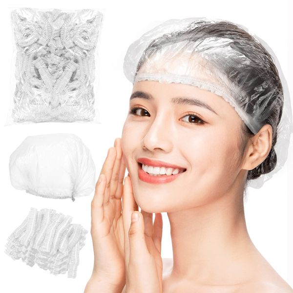 Annhua Shower Cap, Disposable Hair Cap, 100 Pieces, Waterproof, Guest Cap, Transparent, PE, One Size Fits Most, Unisex, Vanity Hat, Bath Hat, Sanitary, Clear White, For Cooking, Facial Washing, Commercial Use, Kitchen