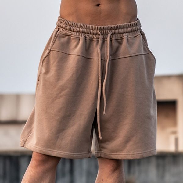 Fitness running shorts basketball clothes loose knit pure color summer sports 5 part pants, beige (slight color difference when shooting at sunset)