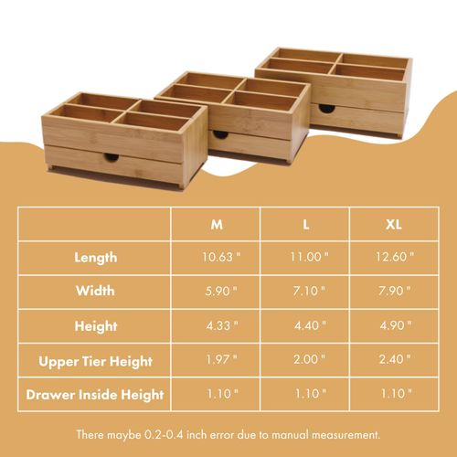 GOBAM Bamboo Makeup Organizer and Storage with Drawer, Wooden Cosmetic Organizer Countertop for Bathroom, Bedroom, Kitchen & Dresser, Desk Organizer with Drawers and Make up Vanity Station - Medium