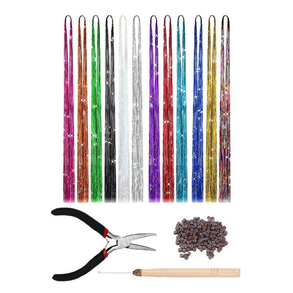 Tinsel Hair Extensions Kit, 12 Colours, 2400 Glitter Hair Strands, Fairy Colour Hair Extension Kit with Crochet Hook, 200 Micro Silicone Ring Beads and Tweezers, for Parties, Holidays & Birthdays