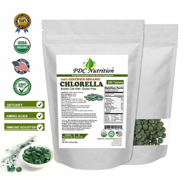 Organic Chlorella Tablets Broken Cell 3000mg Per Serving, 250 Tablets