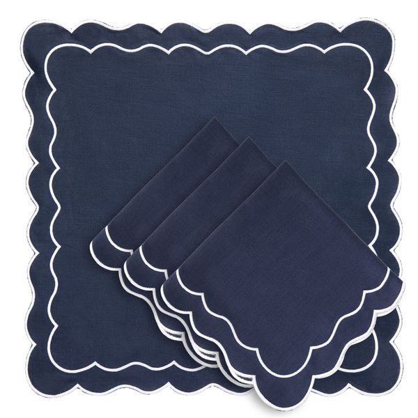 CLIO & CLOVER Linen Napkins with scalloped edge - set of 4-100% Linen napkins - Luxury design with Scalloped edge - Arrives beautifully packaged (Oxford Blue)