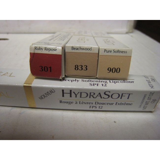 3 L'Oreal HydraSoft Lipstick  301 RUBY REPOSE 833 BEACHWOOD 900 PURE SOFTNESS